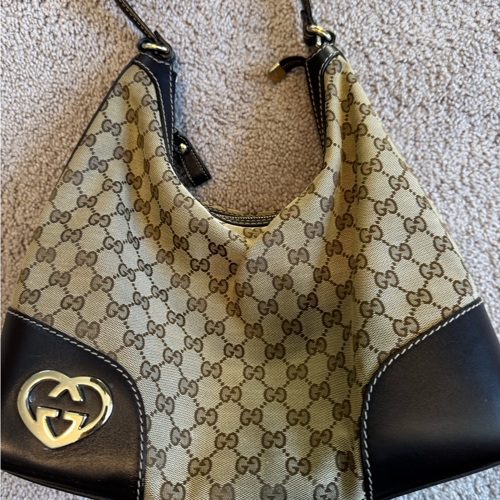Gucci Beige and Dark Brown Monogram Bag with Silver Heart Emblem
